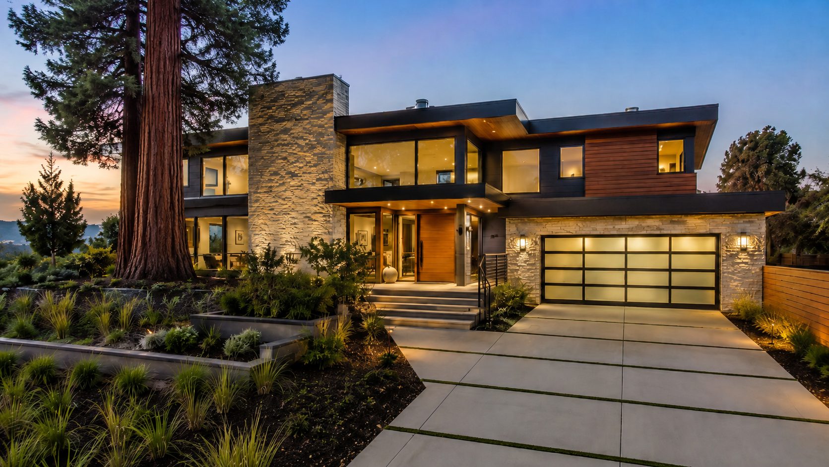 Silicon Valley luxury home at dusk